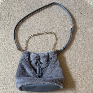 Gianni Bini Gray Faux Fur Drawstring Crossbody with Gold Chain